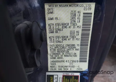2009 Nissan Frontier Le z USA, uszkodzony, nr VIN 1N6AD06U99C417869
